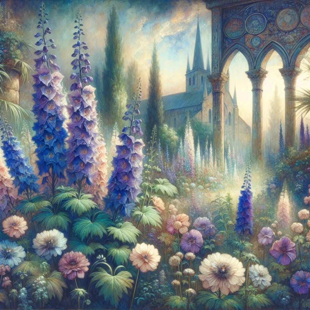 Monastery Garden with Delphinium: Symbolist Mixed Media
