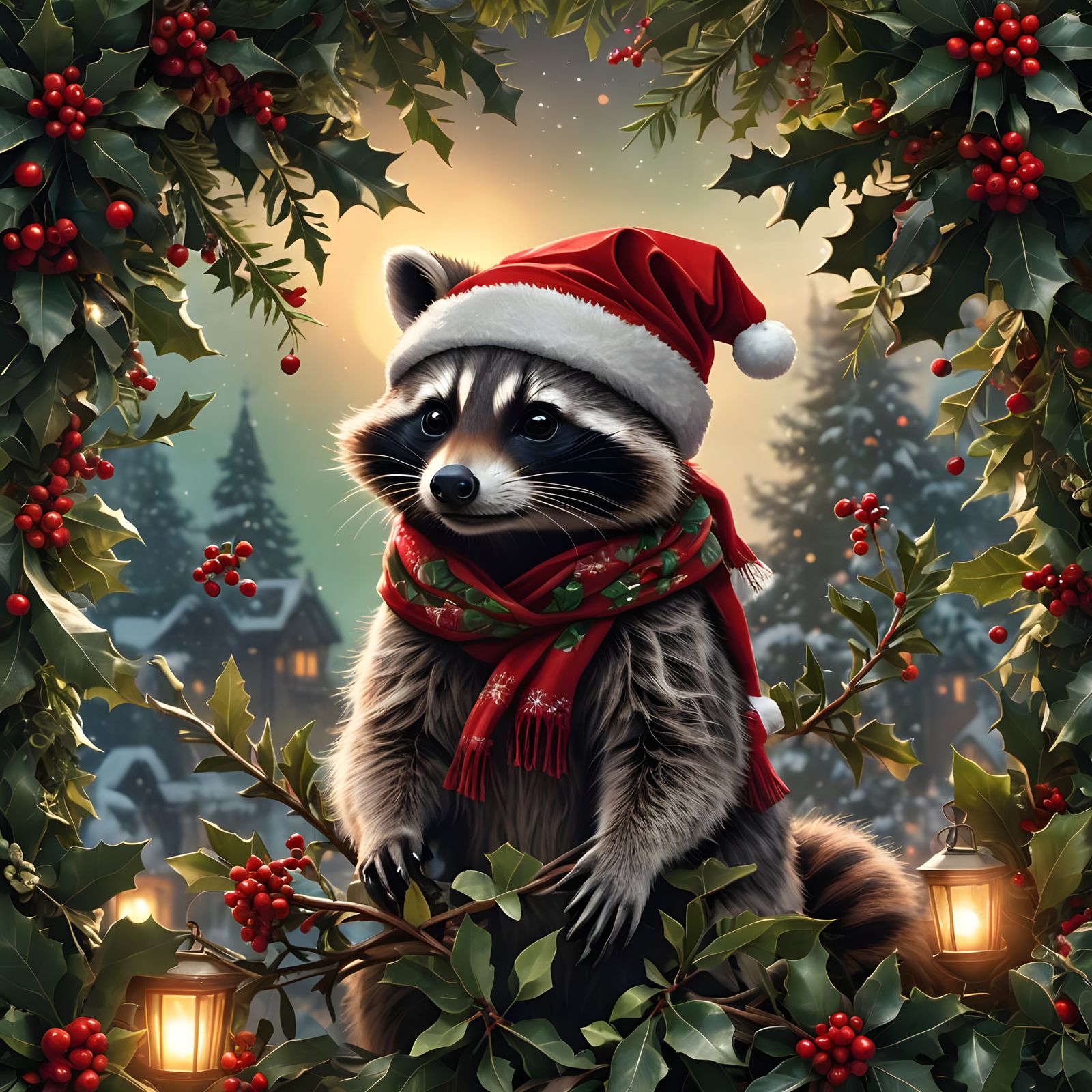 Festive Christmas Raccoon in Detailed Digital Painting