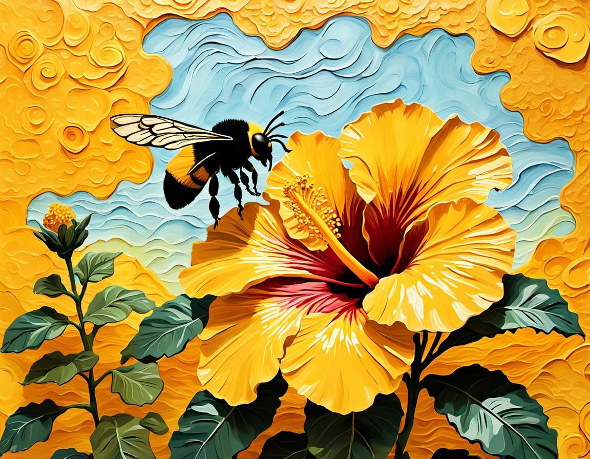 Giant Hibiscus Flower with Bee in Impasto Style