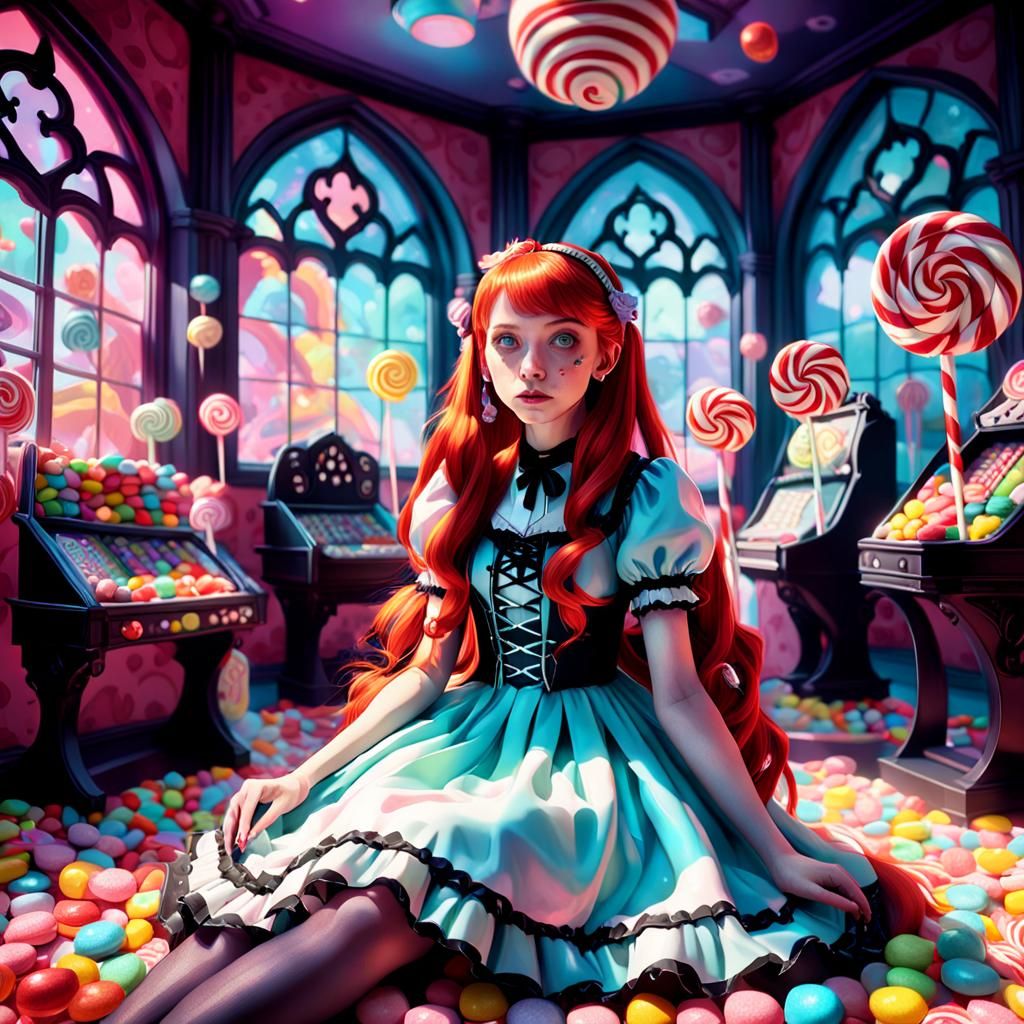 Hyperrealistic Candy Art: Pastel Goth Gamer Girl