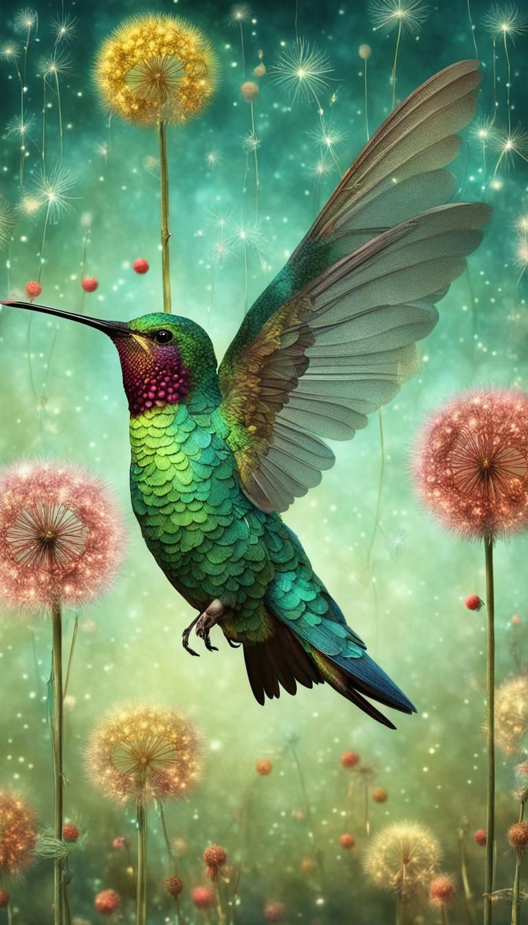 Hummingbird and Dandelion Seeds in Bright 3D Digital Art