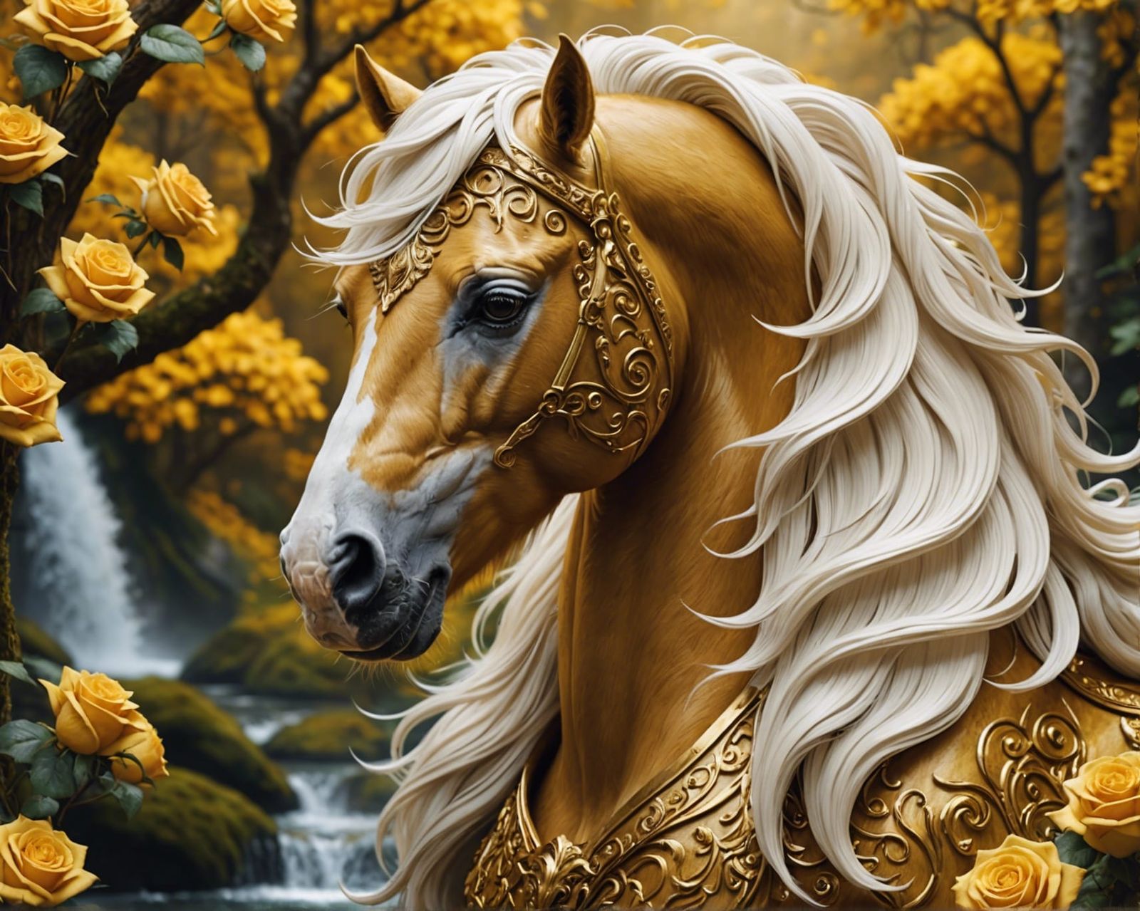 Golden Stallion in Lush Forest: Fantasy Art