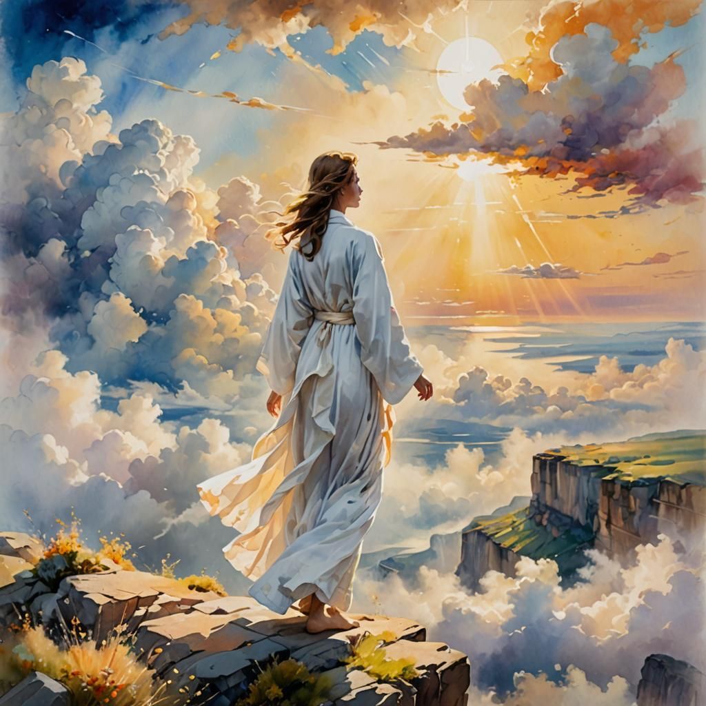 Elegant Woman in Celestial Landscape Oil Painting