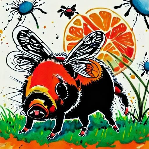 Cute Pig in Garden: Detailed Gouache Painting