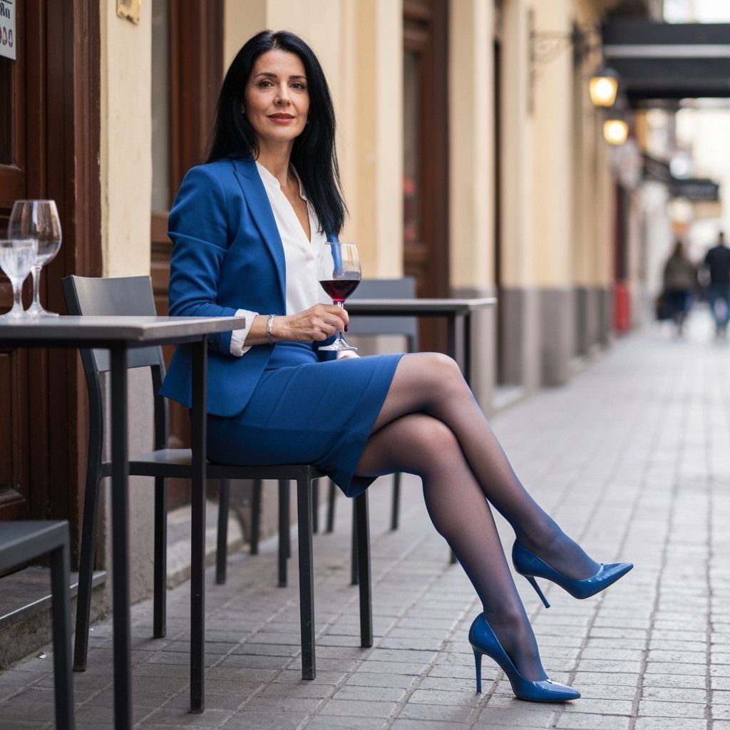 Argentinian Woman in Blue Blazer Enjoys Wine at Cafe