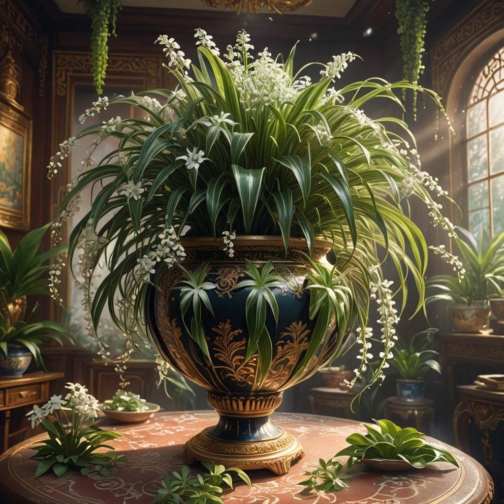 Spider Plant in China Pot: Hyperrealistic Digital Art