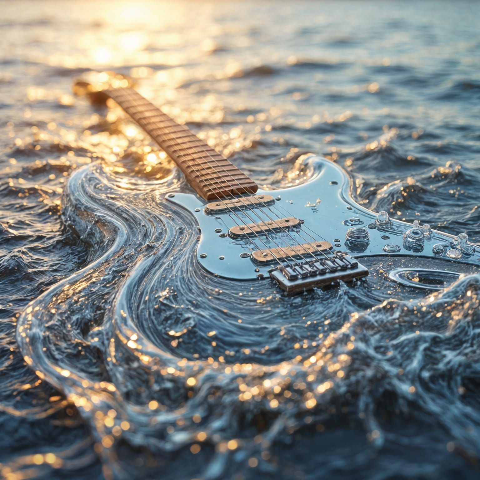 Water Guitar on Beach at Golden Hour