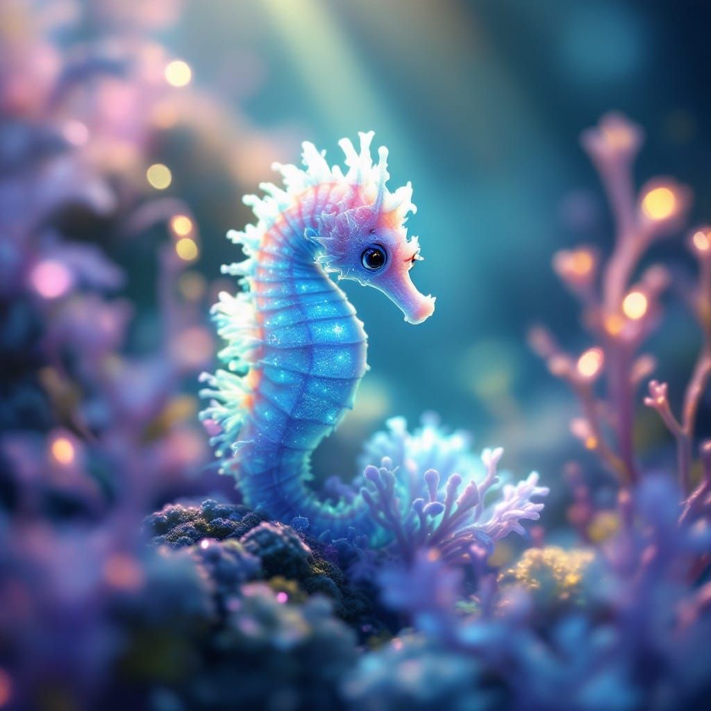 Whimsical Bioluminescent Sea Horse in Sunlit Ocean