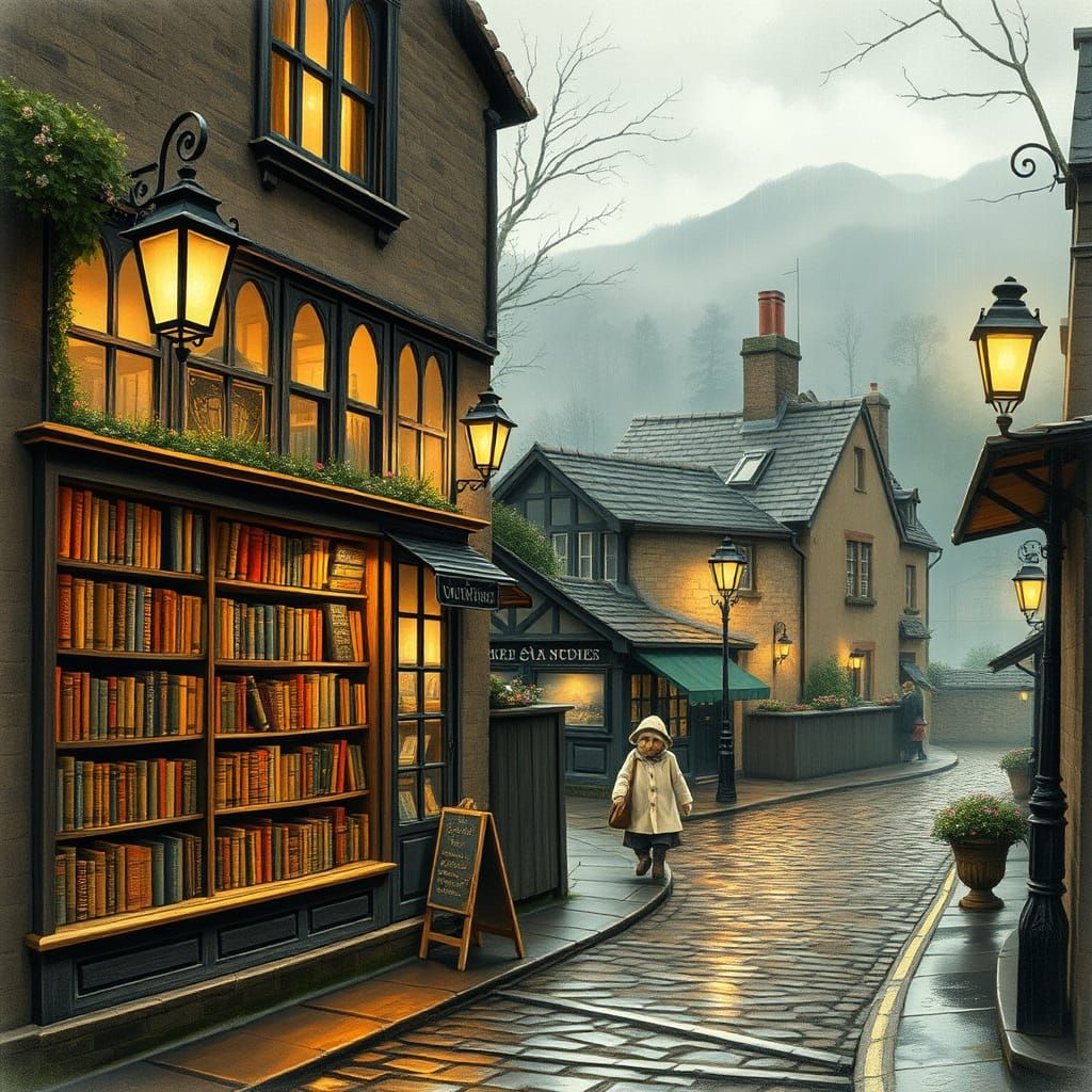 Cozy Village Bookshop on Rainy Day in Whimsical Folk Art Sty...