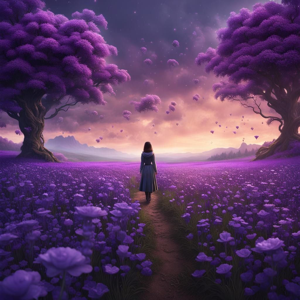 Girl in Purple Flower Field: Fantasy Art