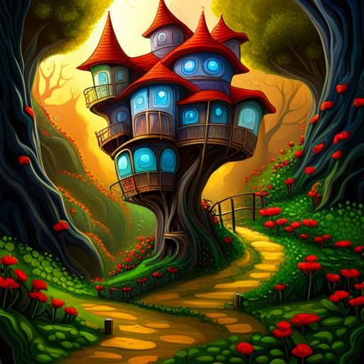 Surreal Treehouse City in Vivid Colors