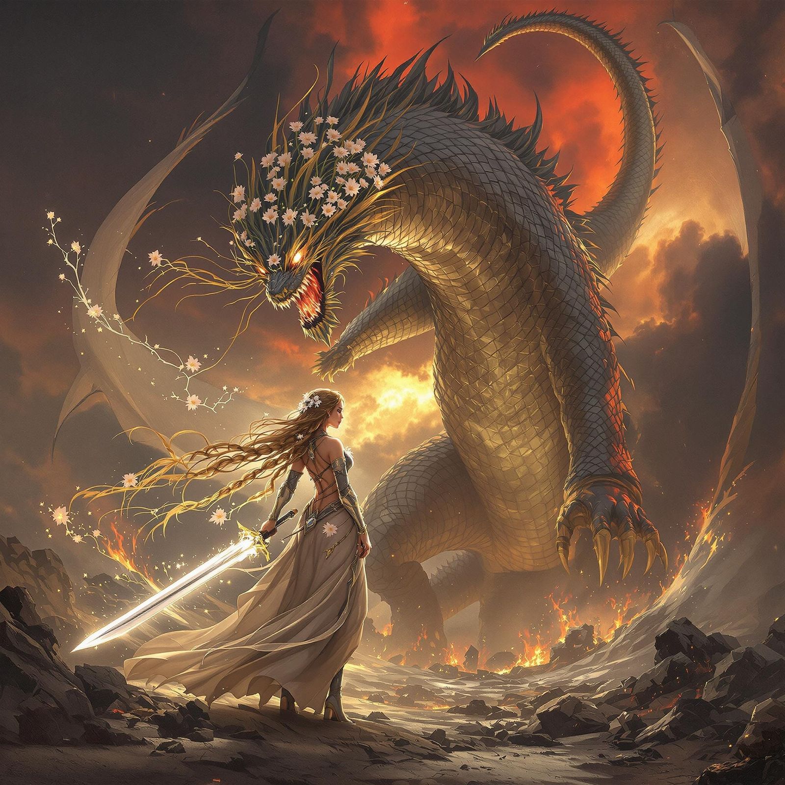 Epic Warrior Empowered by a Majestic Dragon in Cyberpunk Sty...