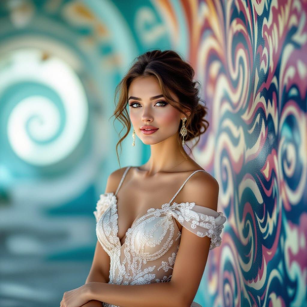Elegant Woman in Swirling, Colorful Dreamscape