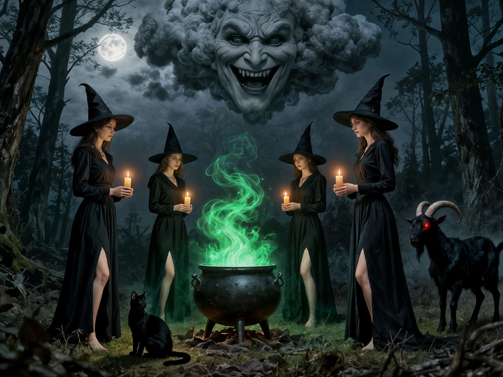 Dark Fantasy Witches Coven at Night in Beksiński Style
