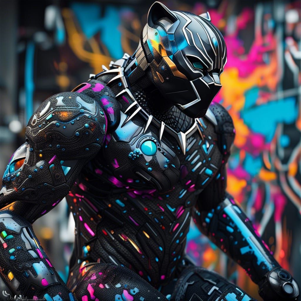 Robotic Black Panther in Cybernetic Graffiti Art