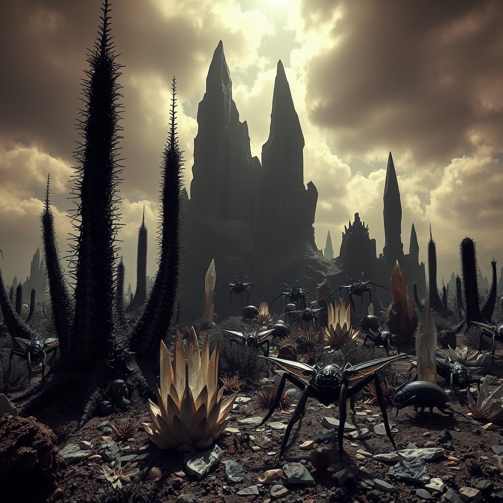 Mysterious Black and Brown Alien World with Twisted Flora an...