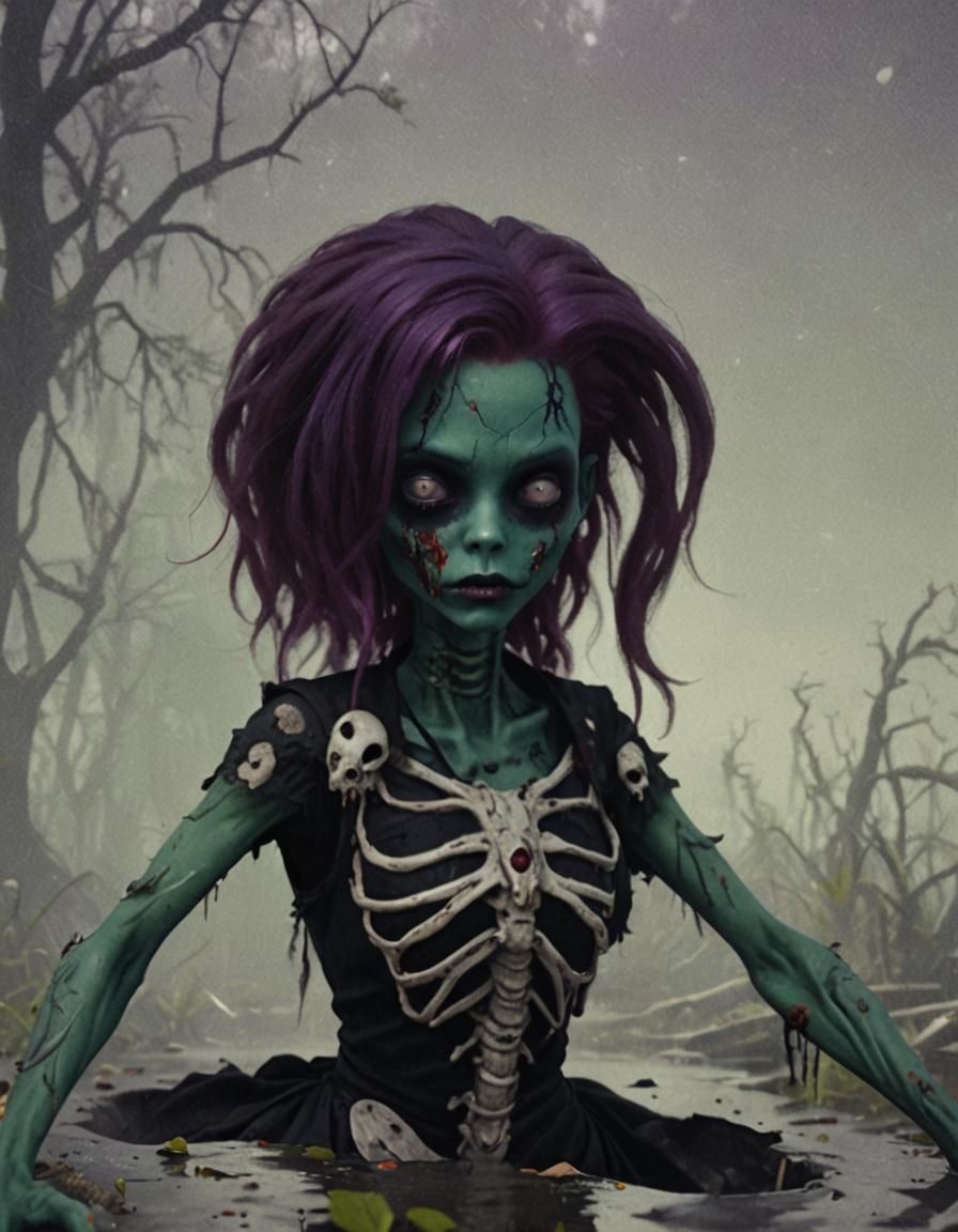 Zombie Girl Rising from Swamp Grave: Fantasy Art