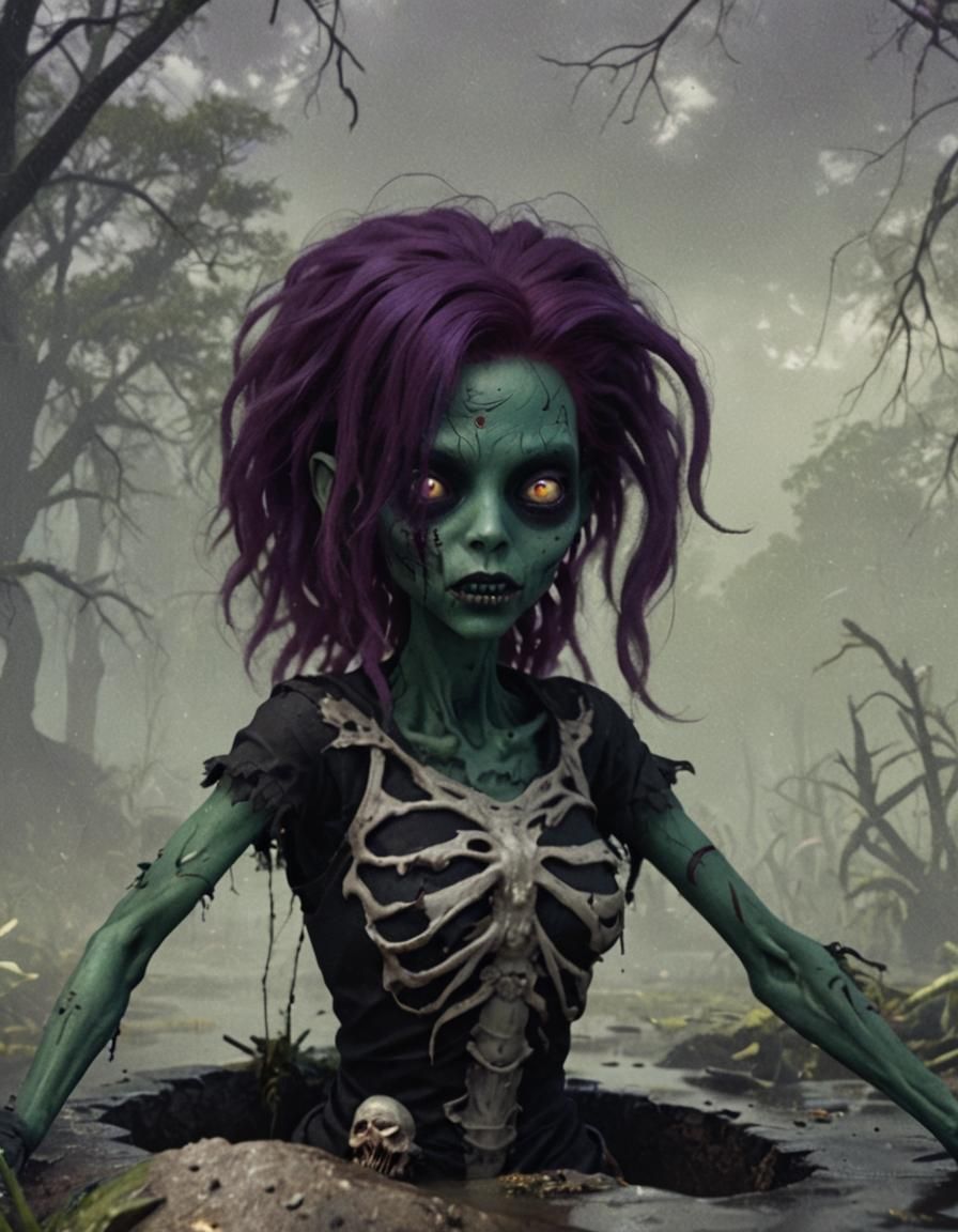 Zombie Girl Rising from Swamp Grave: Fantasy Art