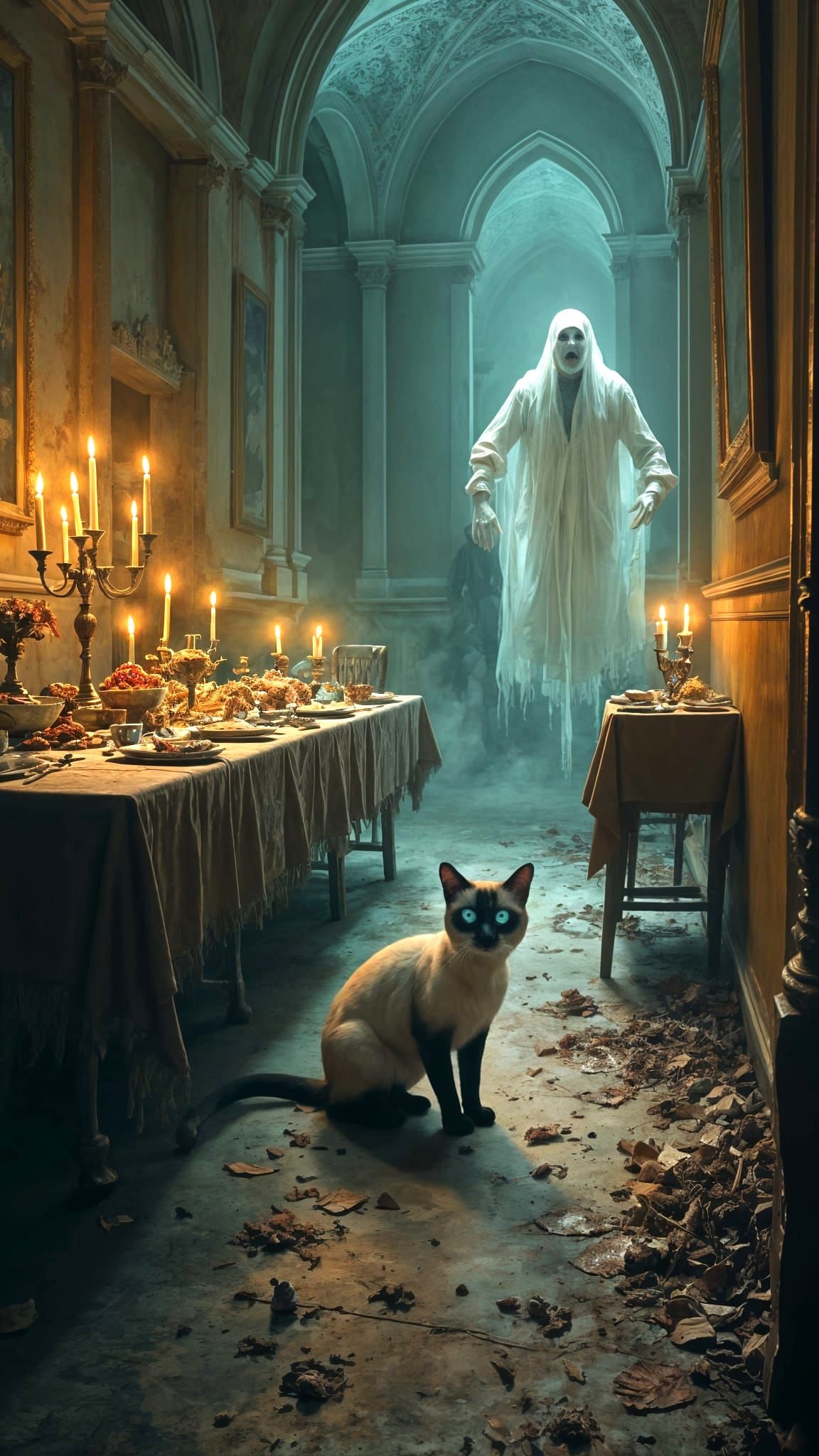 A wide shot of only one very scared Siamese cat in a dark ha...