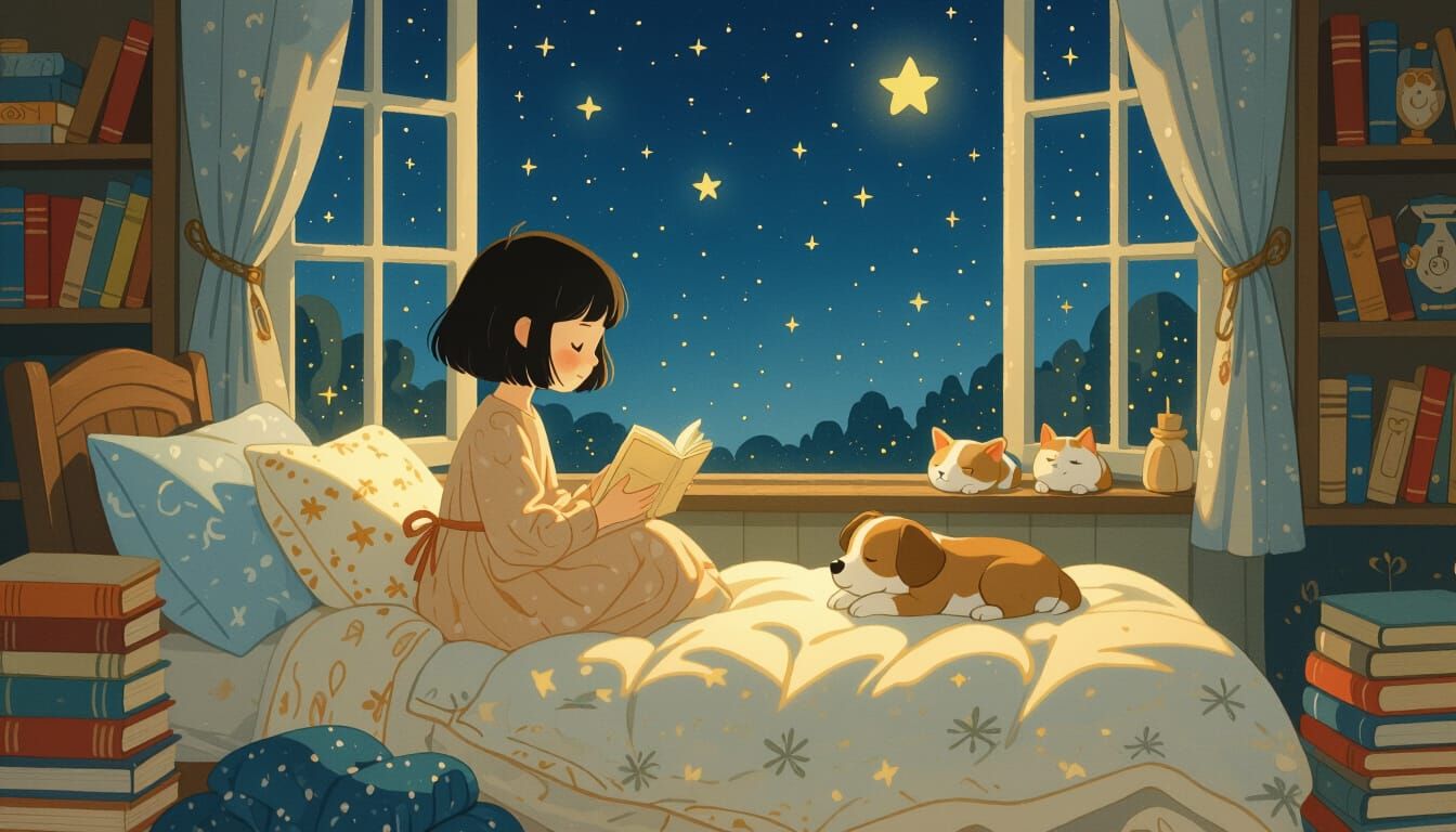 Girl Gazing at Stars in Whimsical Style
