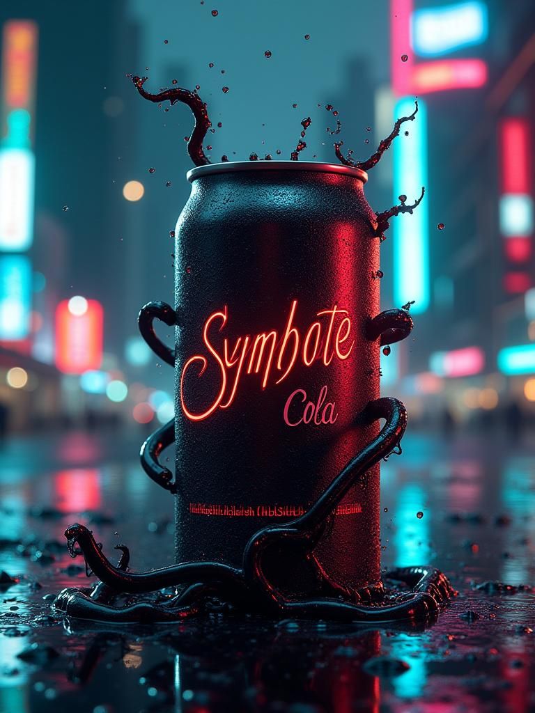 Symbiote Cola Can in Cyberpunk Cityscape