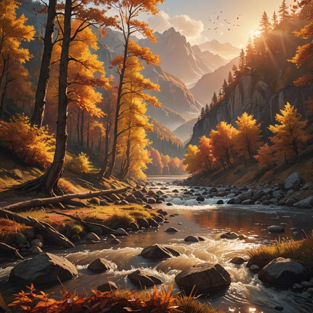 Sunset Lit Autumn Forest Landscape in Splash Art Style