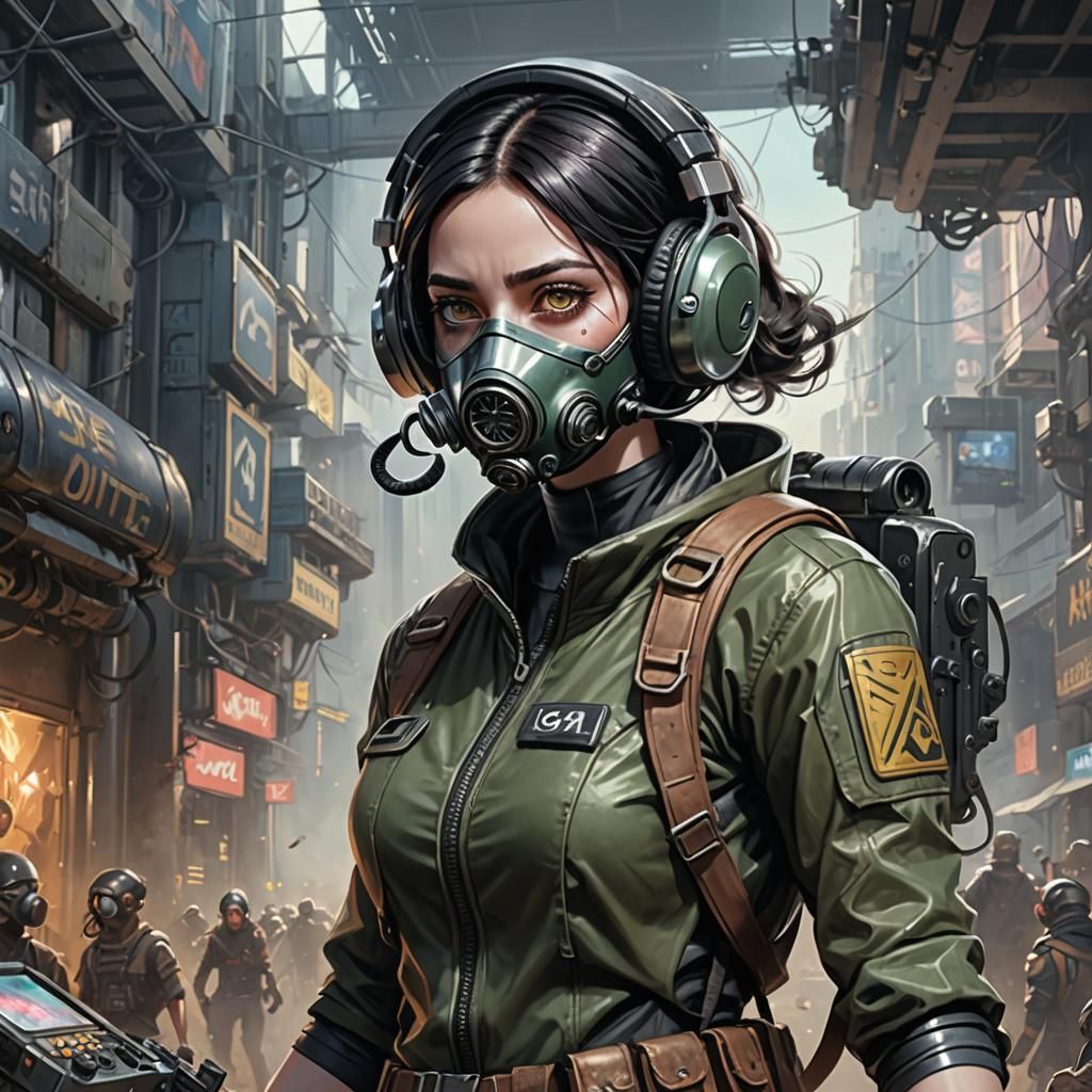 Cyborg Girl with Gas Mask in Anime Style