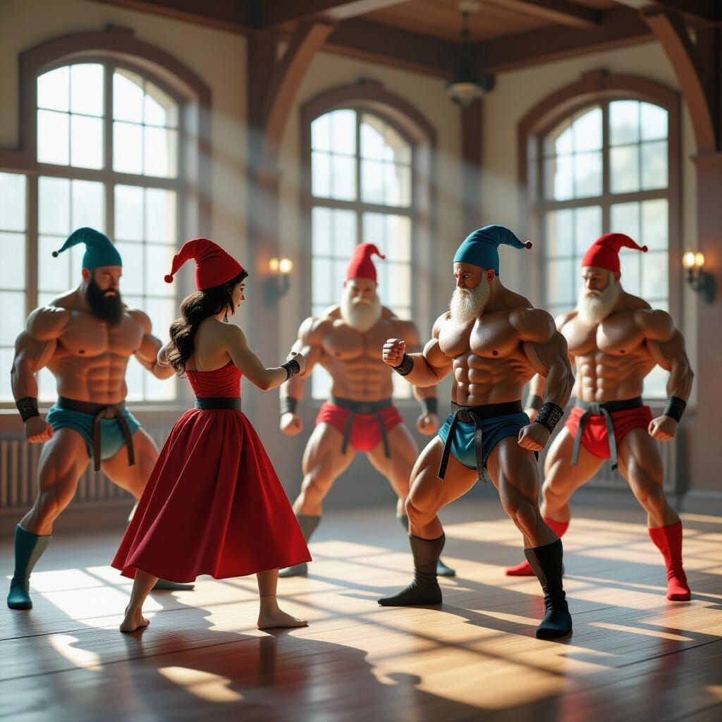Snow White Spars with Muscular Martial Artist Dwarfs