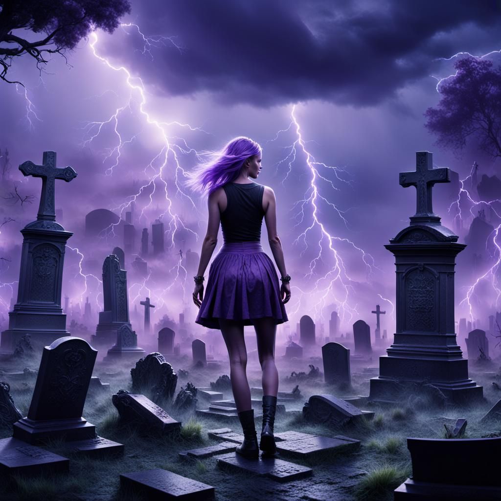Eerie Girl in Purple Graveyard, Digital Matte Painting