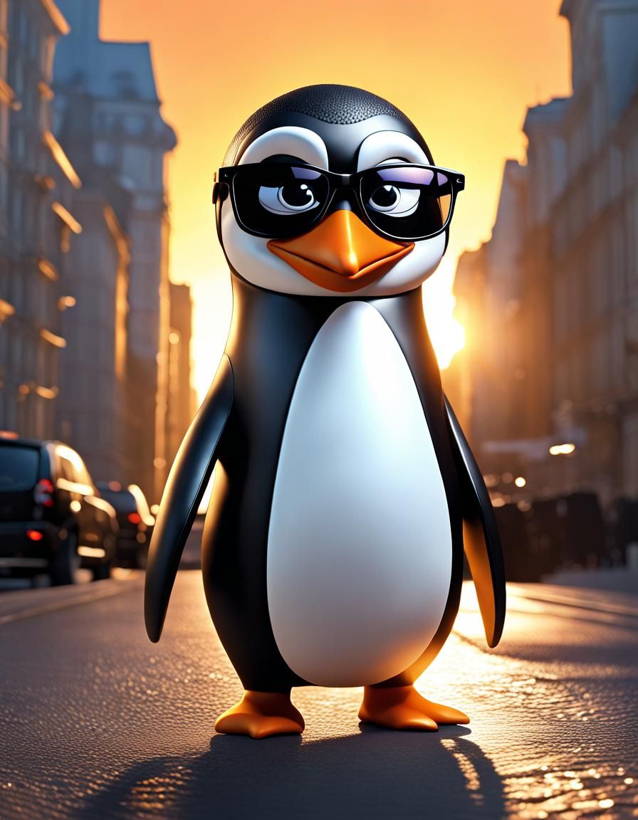 Penguin as Men In Black in 2D Cartoon Style