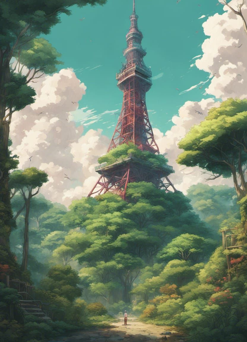 16k resolution, Studio Ghibli-inspired deserted Tokyo Tower wrapped in lush, overgrown vegetation and colorful, yet myst...