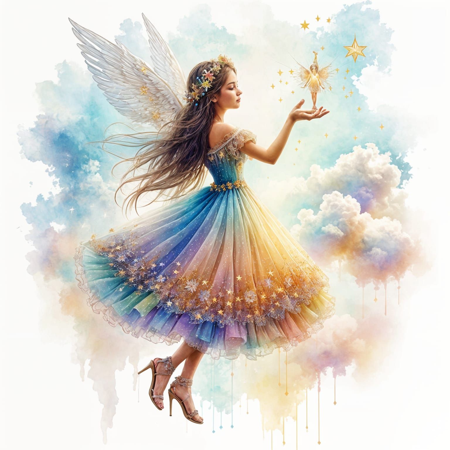 Vintage Whimsical Angel Painting with Delicate Stars