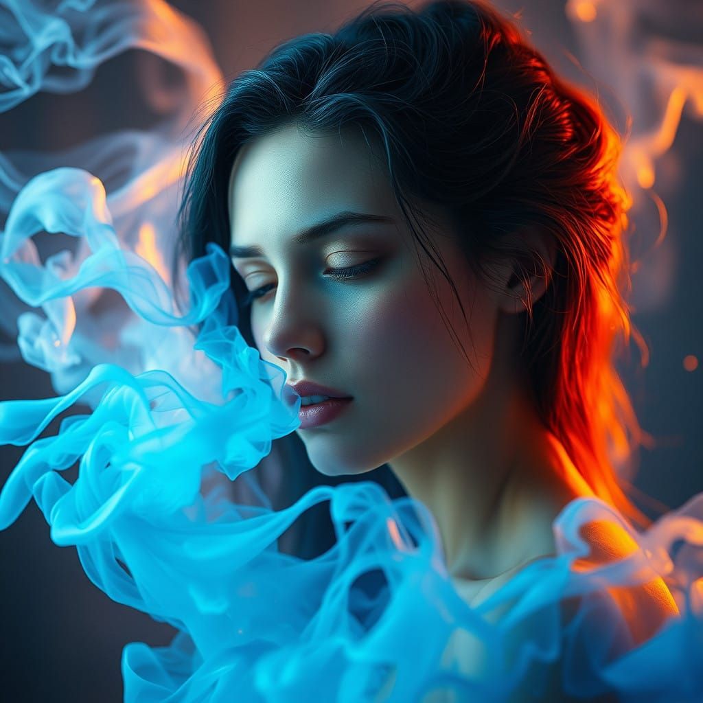 Mystical Woman in Radiant Blue Haze, Hyperrealistic Art