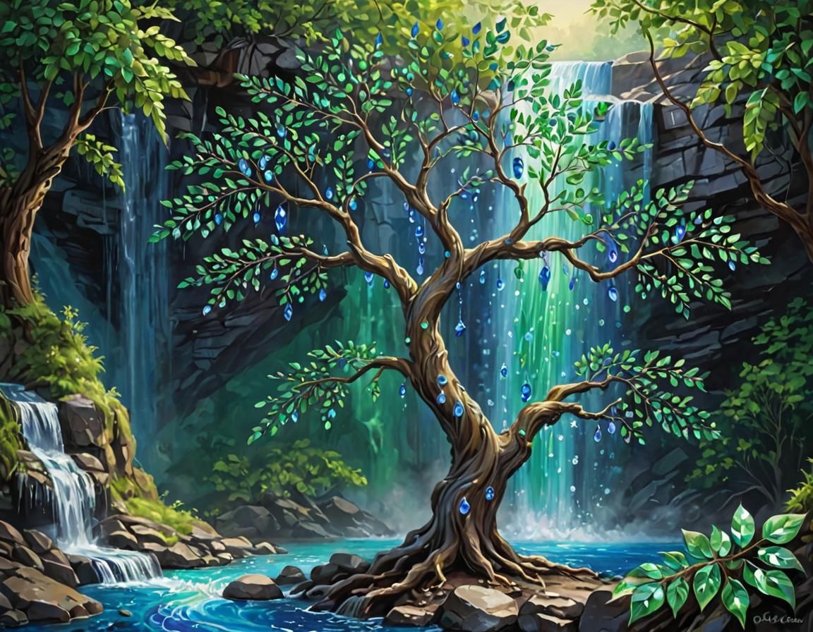 Jeweled Tree by Waterfall: Fantasy Art in Oil