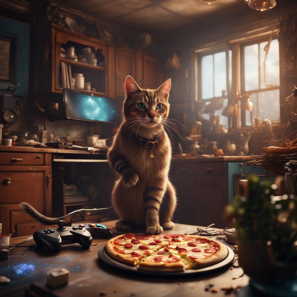 Cat Gamer in Messy Room: A Digital Painting