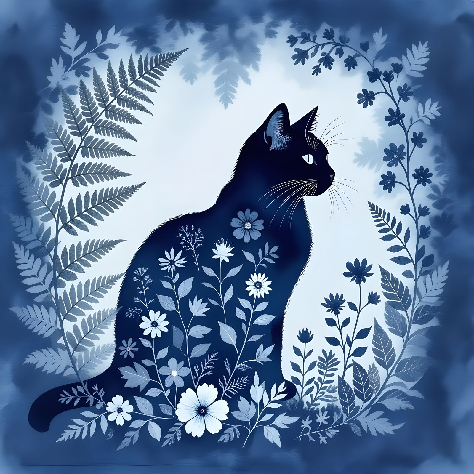 Botanical Cat Silhouette in Cyanotype Style