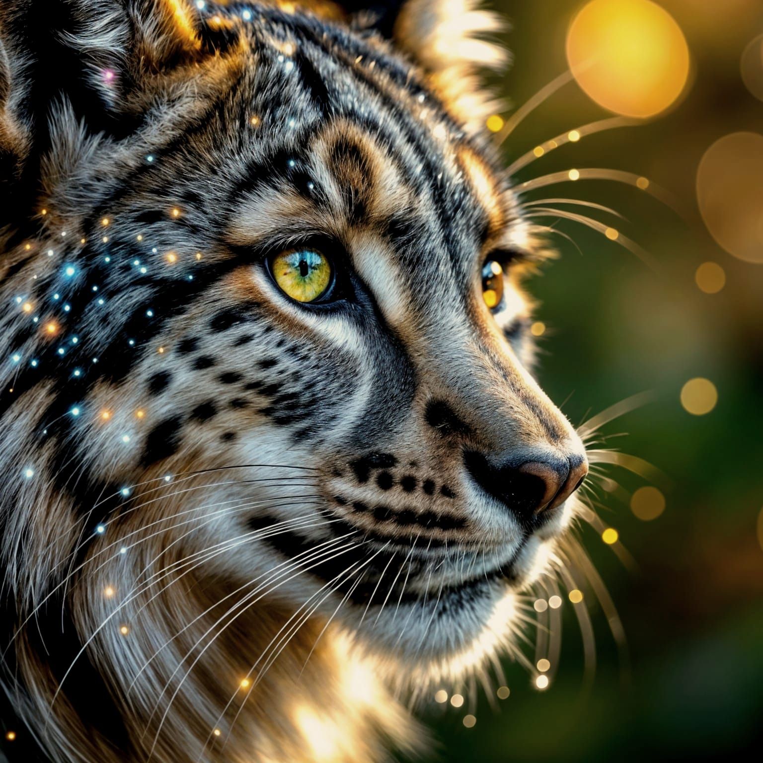 Detailed Wolf Portrait with Celestial Fur and Forest Backgro...