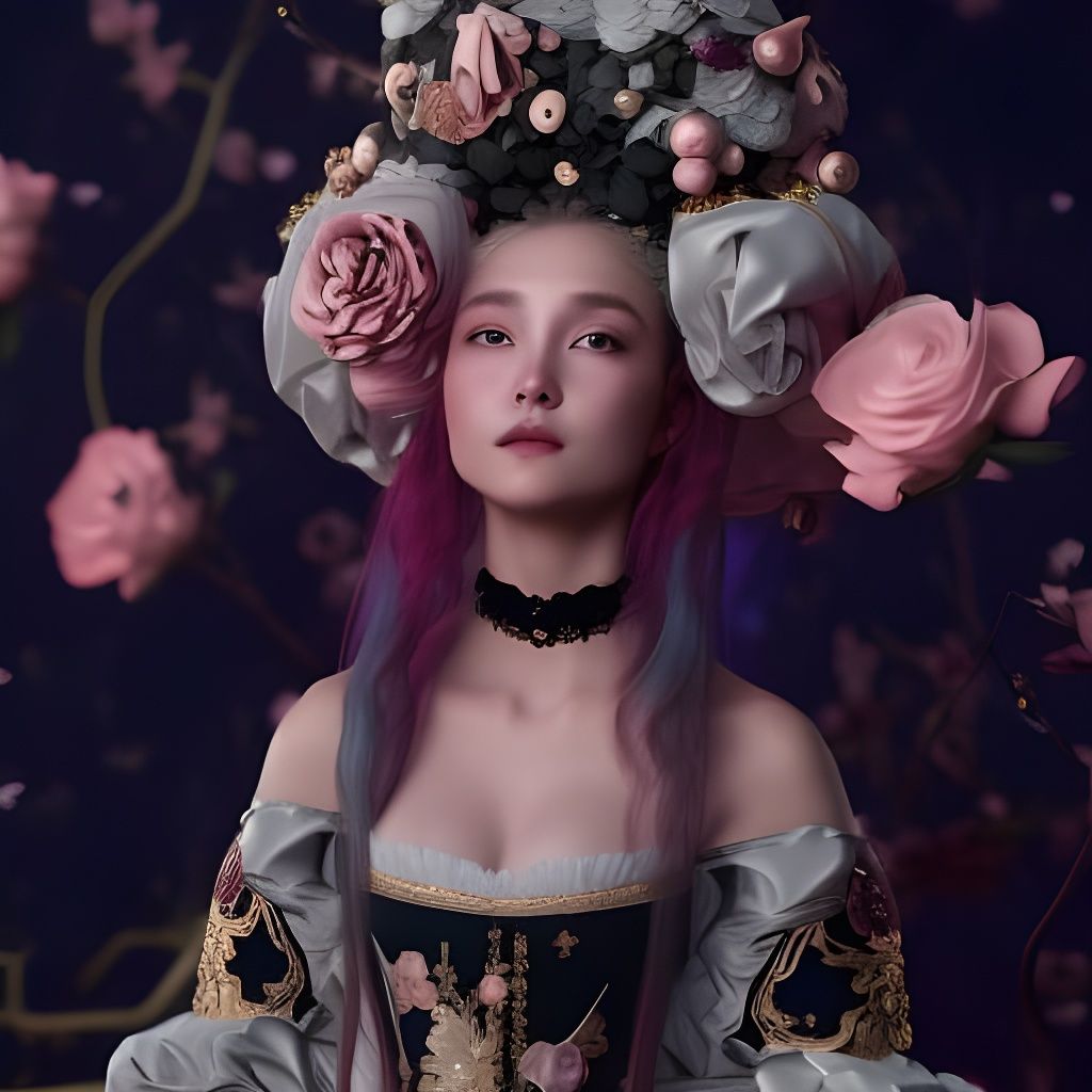 Renaissance Portrait of Harajuku Manga Girl with Flowers