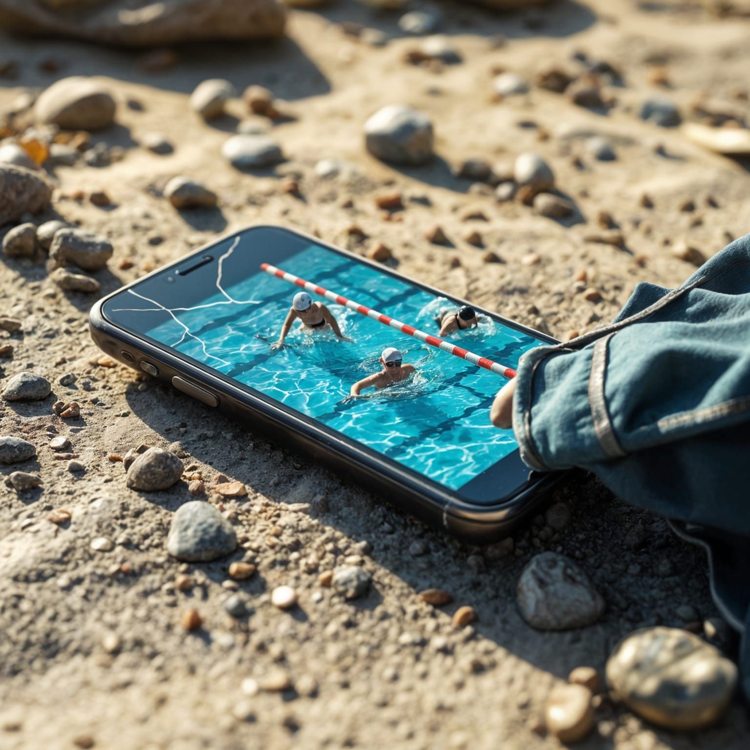 Smartphone Beach Scene with Miniature Swimmers