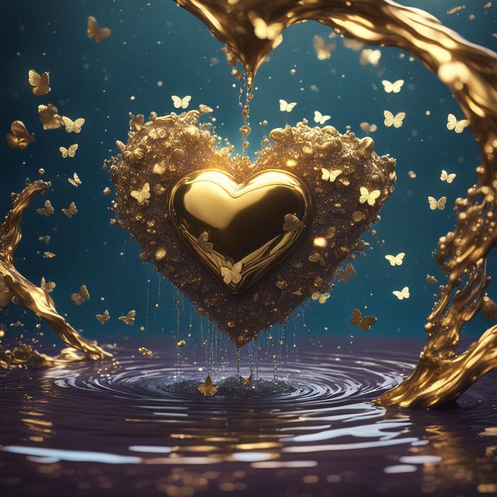 Gold Heart with Glitter and Butterfly, Detailed Painting