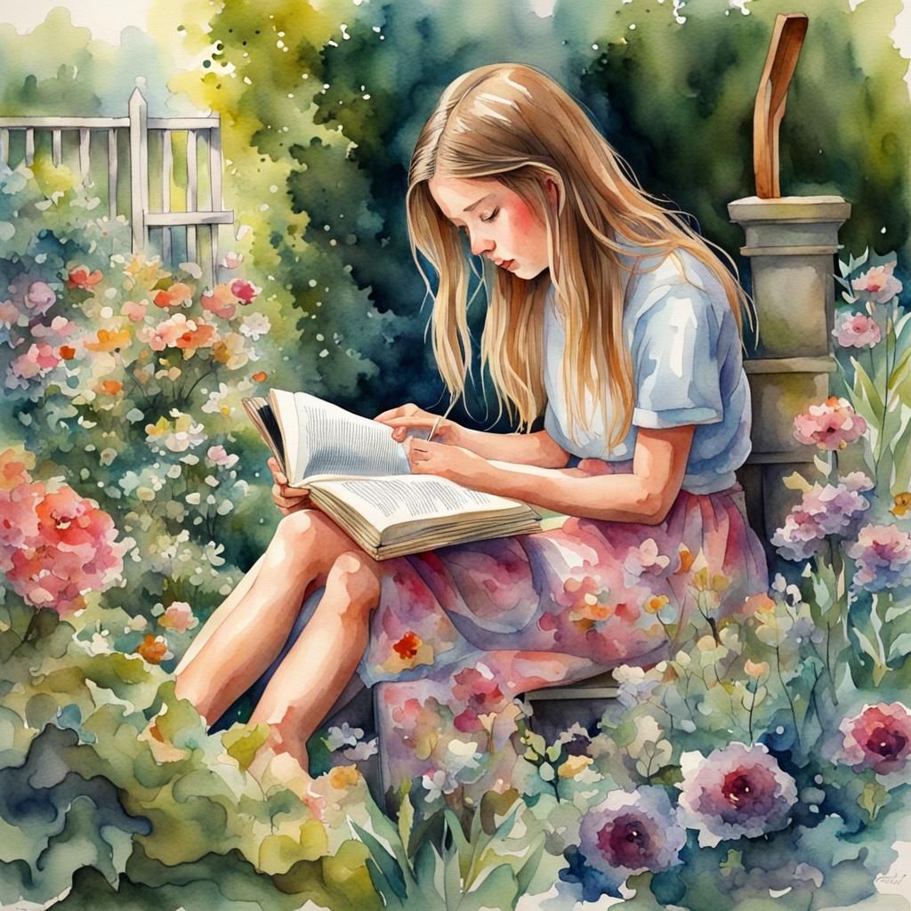 Girl Reading Book in Hyperdetailed Watercolor Garden