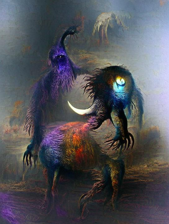 Horror Monster with Glowing Eyes in Dark Landscape