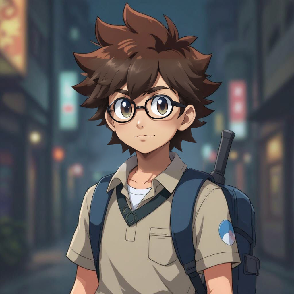 Anime Style Pokemon Trainer with Dark Hair and Glasses