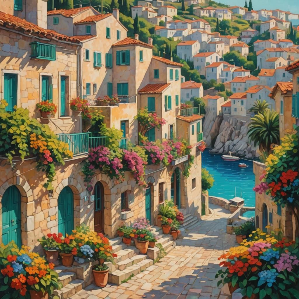 Mediterranean Seaside Villa in Impressionist Style