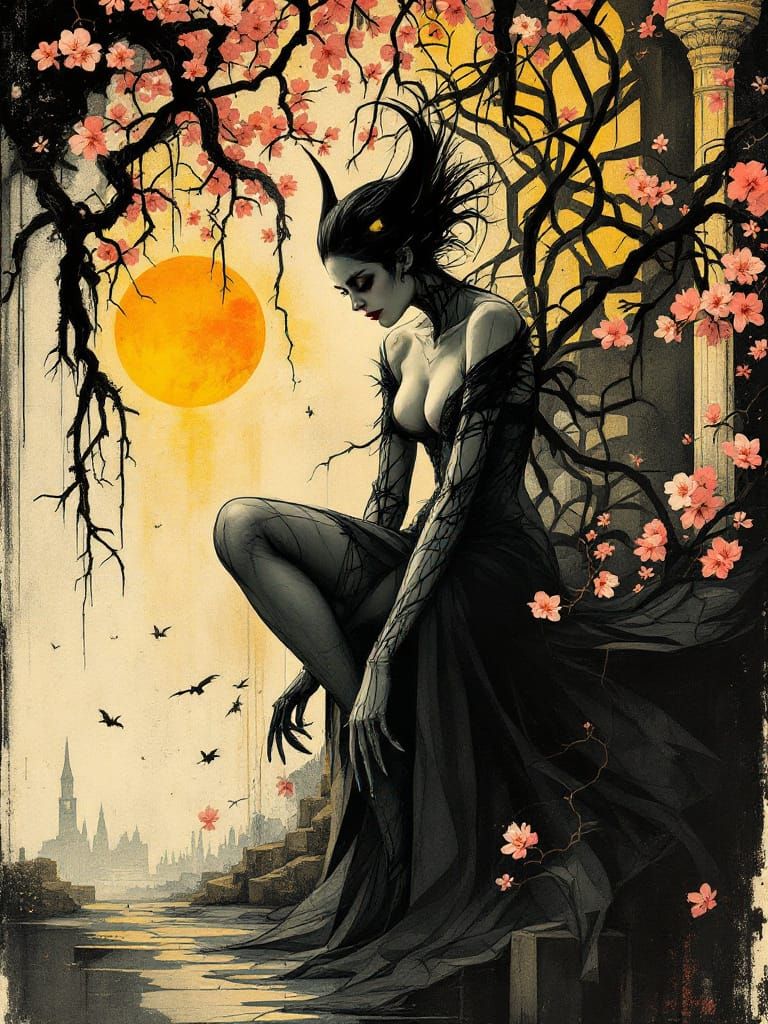 Gothic Pin-Up Fusion in Abstract Garden