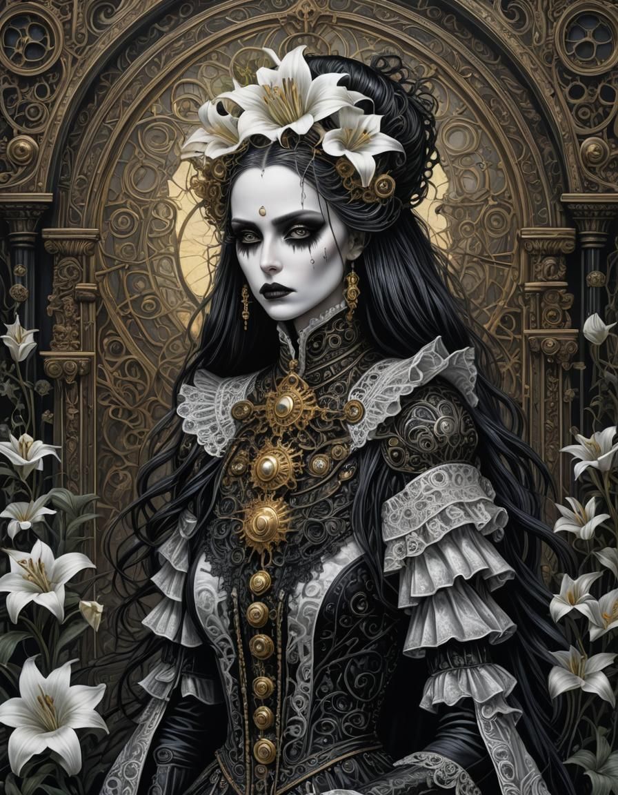 Gothic Girl in Iridescent Lilies, Intricate Art