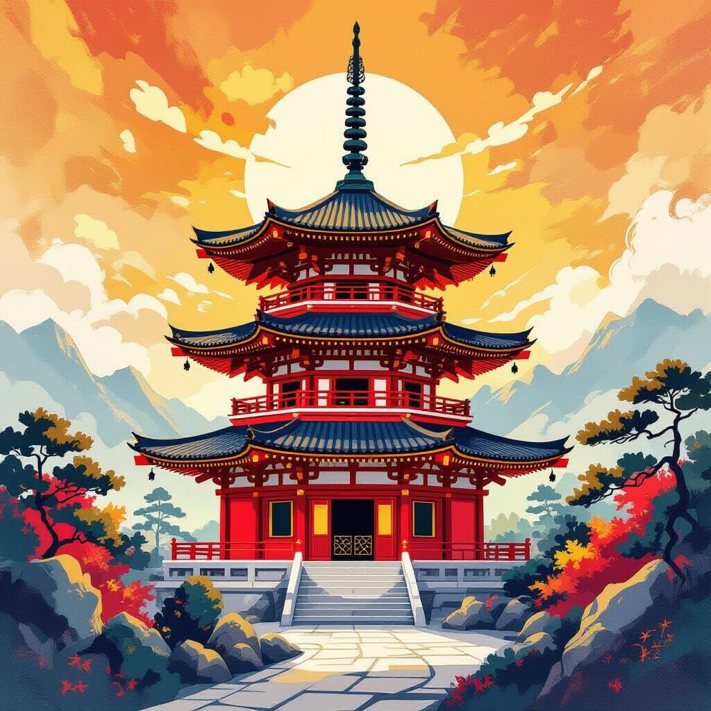 Vibrant Abstract Red and Gold Pagoda at Golden Hour