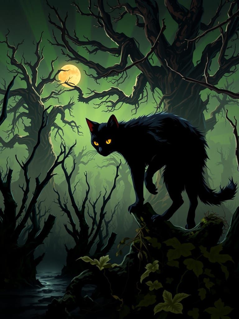 2d cartoon style. An angular evil scraggly mangy decrepit black cat with glowing fiery crimson eyes, fur glistening like...