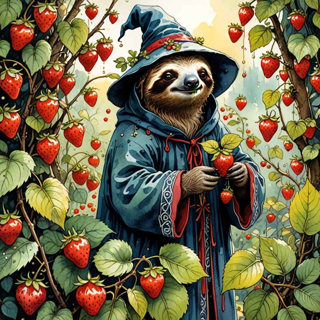 Strawberry Sloth Mage Casting Spell in Watercolor Style