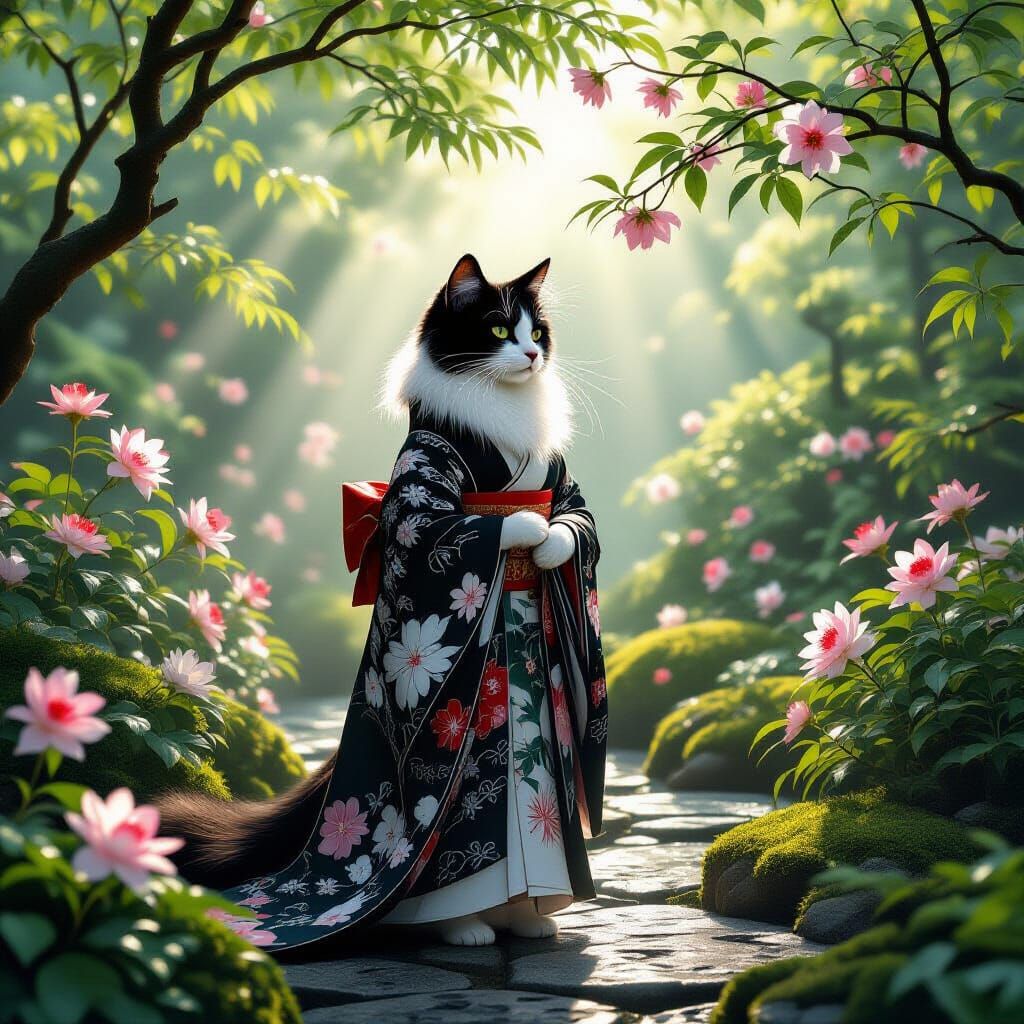 Cat in Japanese Garden, Art Nouveau Style